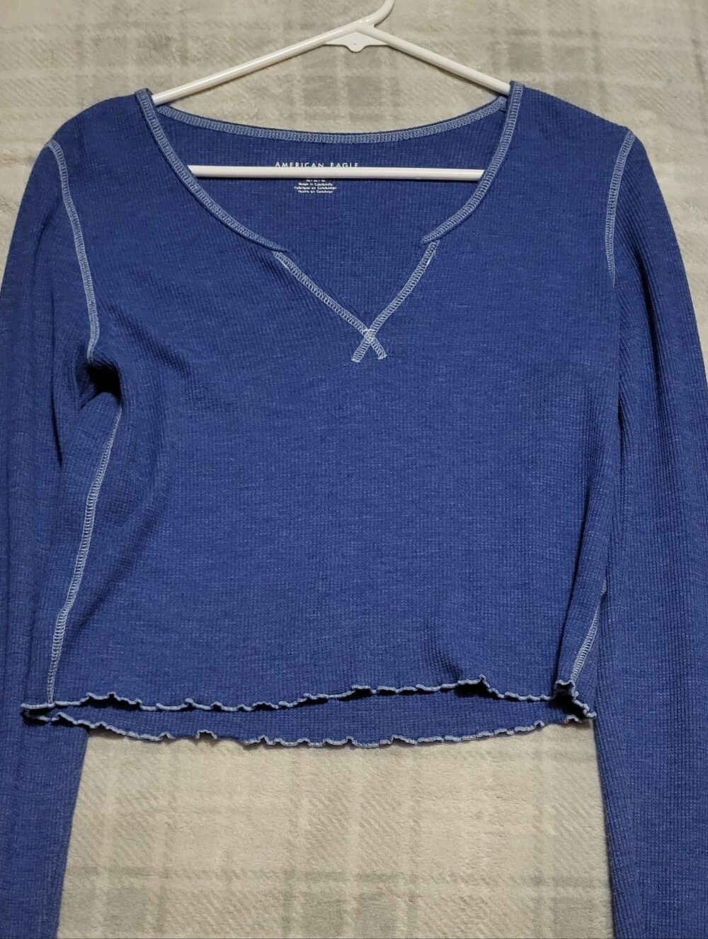 American Eagle Women's Blue Thermal Crop Top Medium With Lettuce Edging